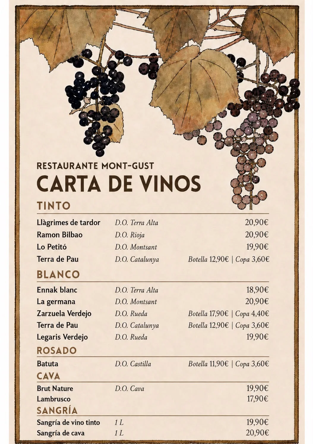 Carta de vinos de Mont-Gust