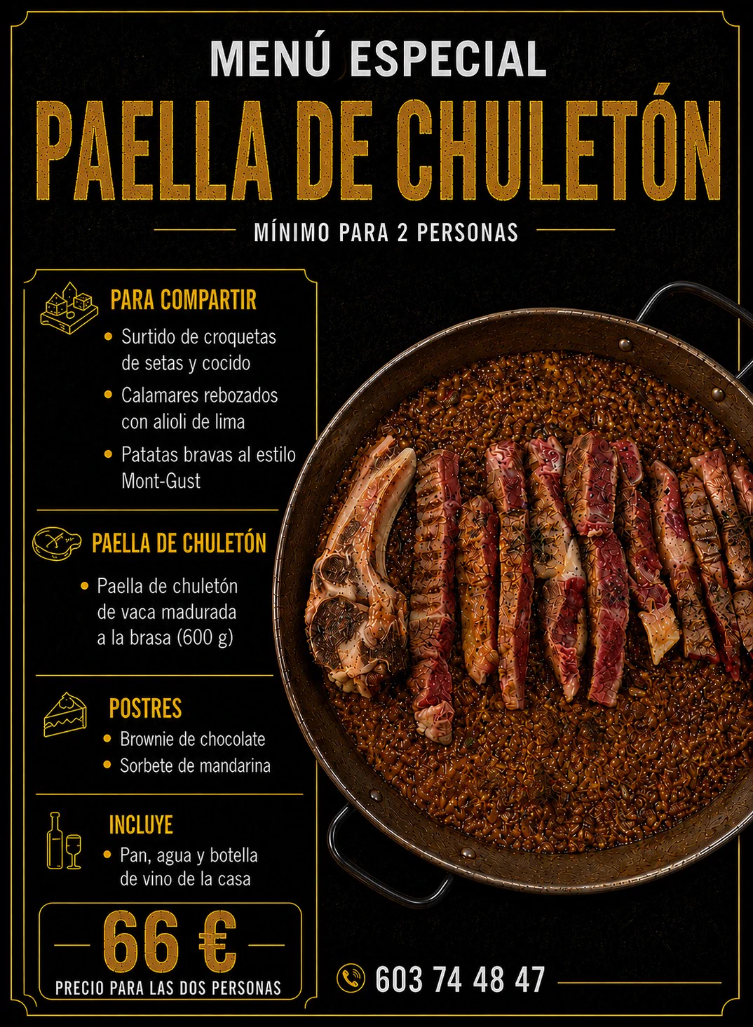 Menú de paella de chuletón en castellano