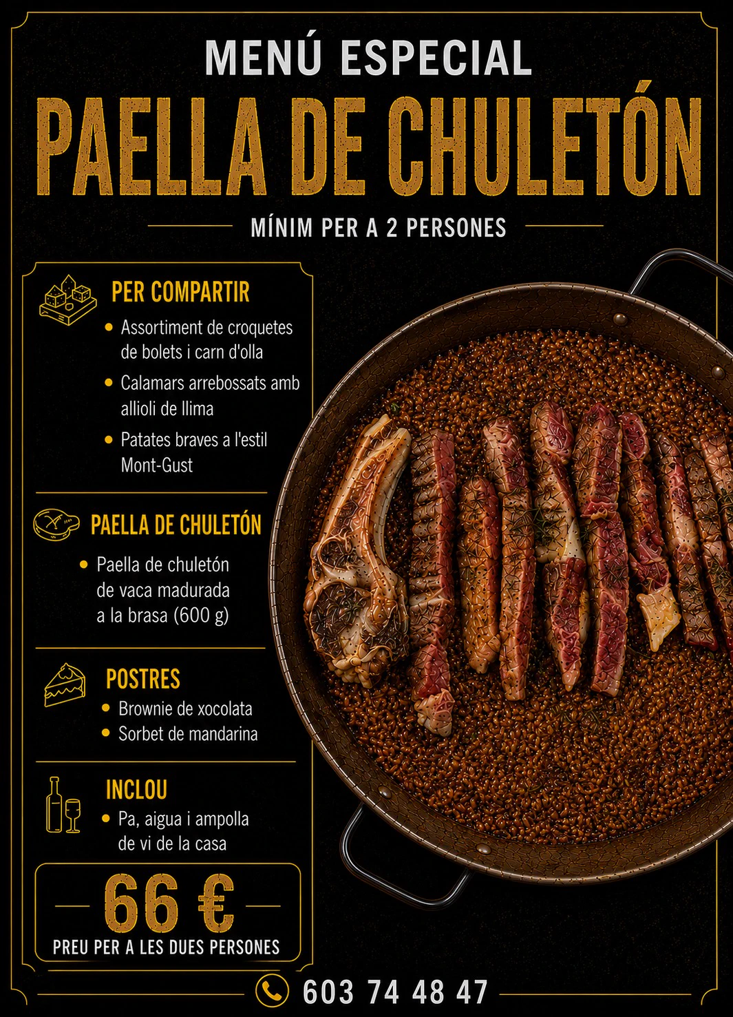 Menú de paella de chuletón en catalán