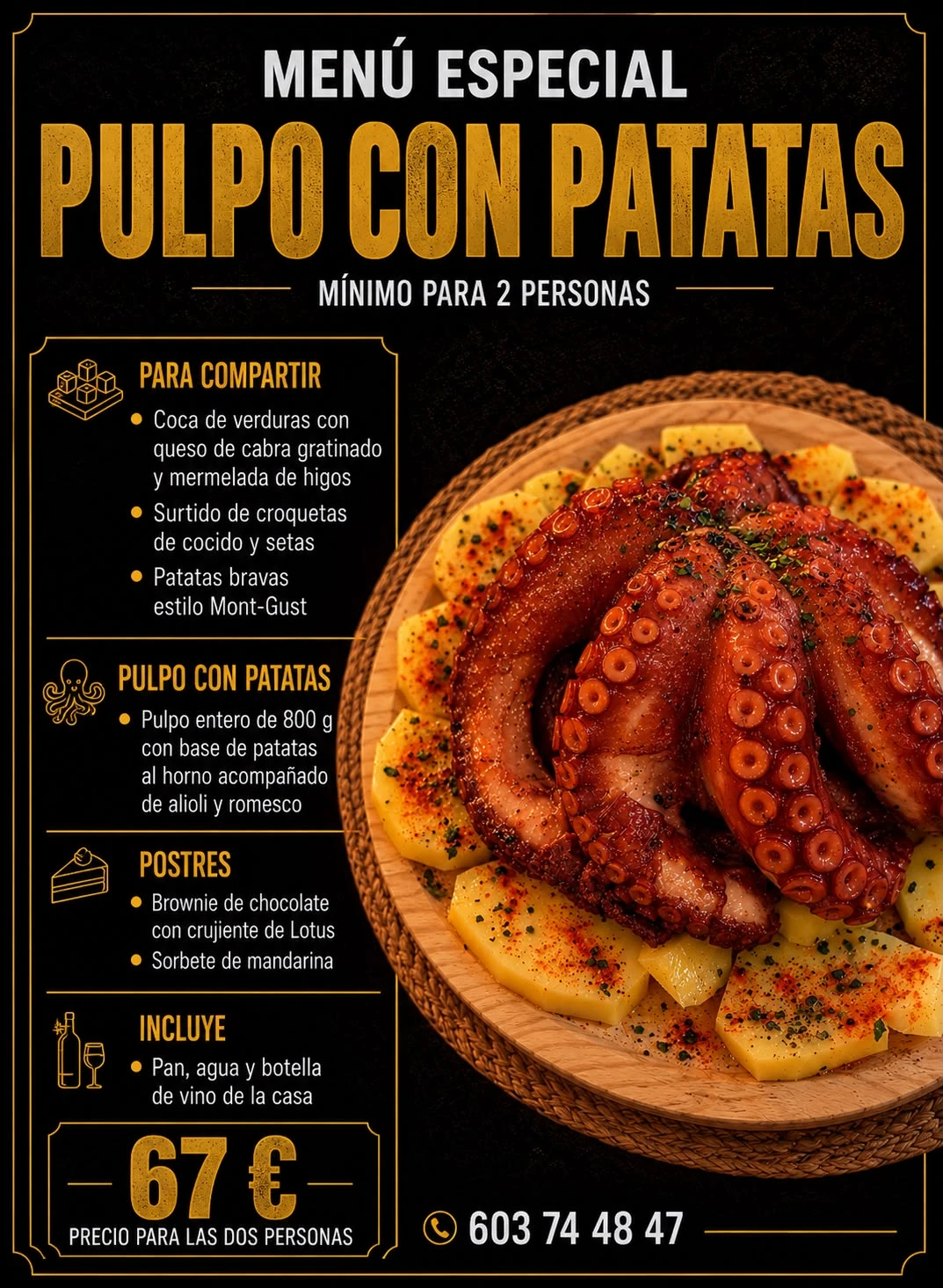 Menú de pulpo con patatas en castellano