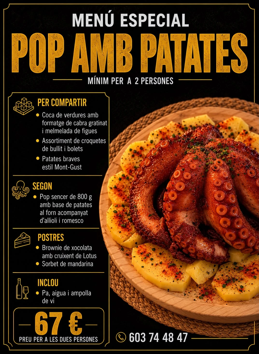 Menú de pulpo con patatas en catalán